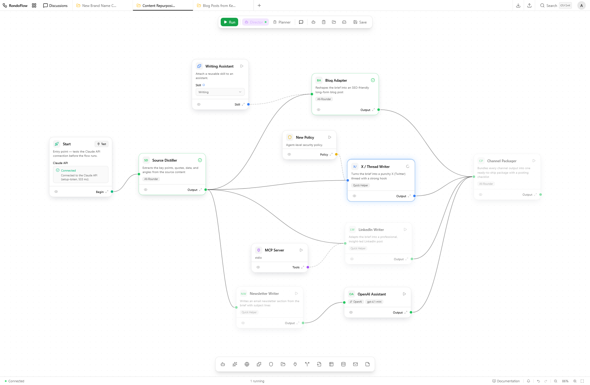 The RondoFlow canvas: agent and skill nodes connected by edges into a workflow, with a run toolbar and a results panel.